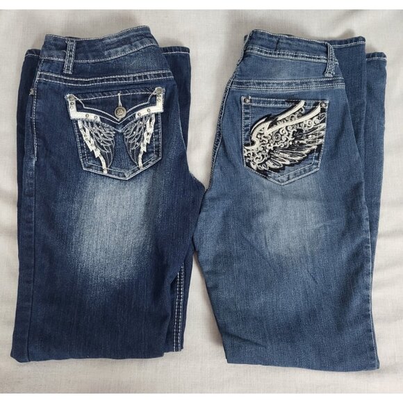 (2) Rockin Denim Jeans Womens (6) Bootcut Stretch Cowgirl Wing Embroidery Bling - Picture 1 of 15